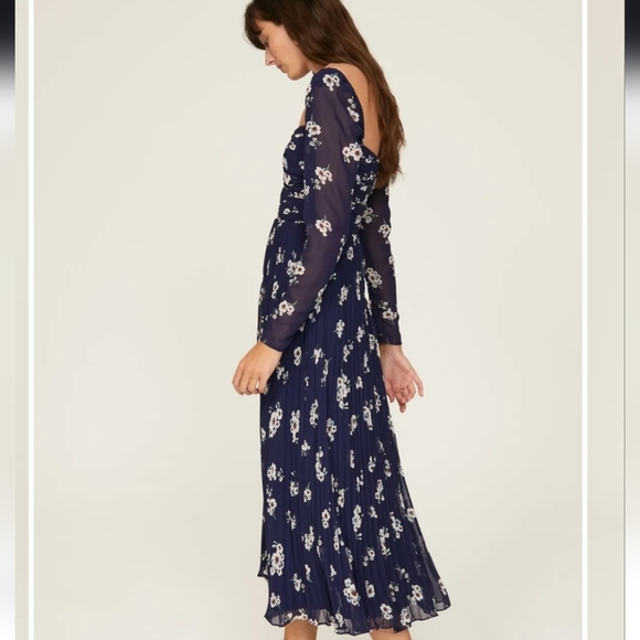 Self Portrait Pansy Midi Dress in Dark Navy Print Chiffon Cut Out